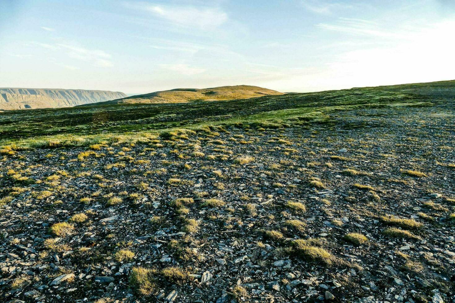 a grassy hill with rocks and grass photo