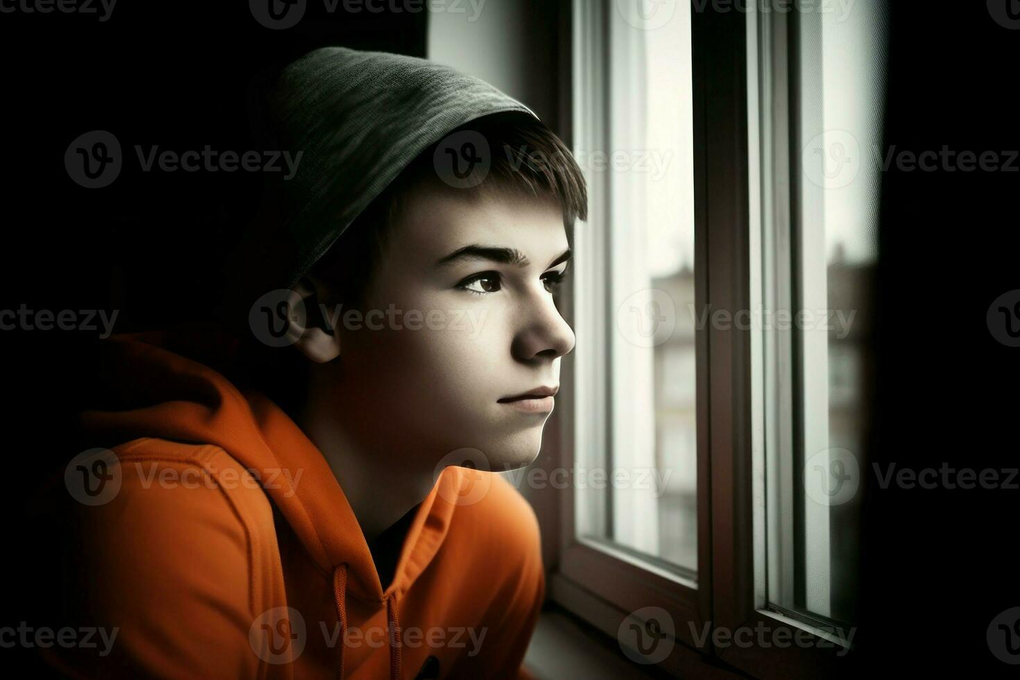 Teenager look window desk. Generate Ai photo