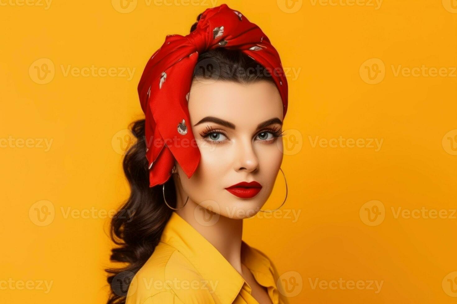Woman pinup yellow vintage. Generate Ai photo
