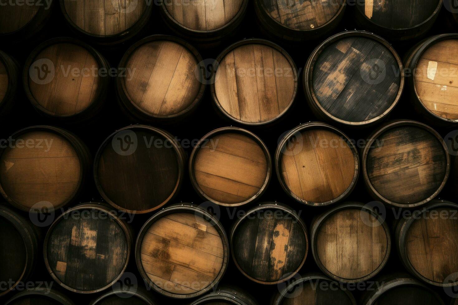Whiskey barrels top view. Generate Ai photo