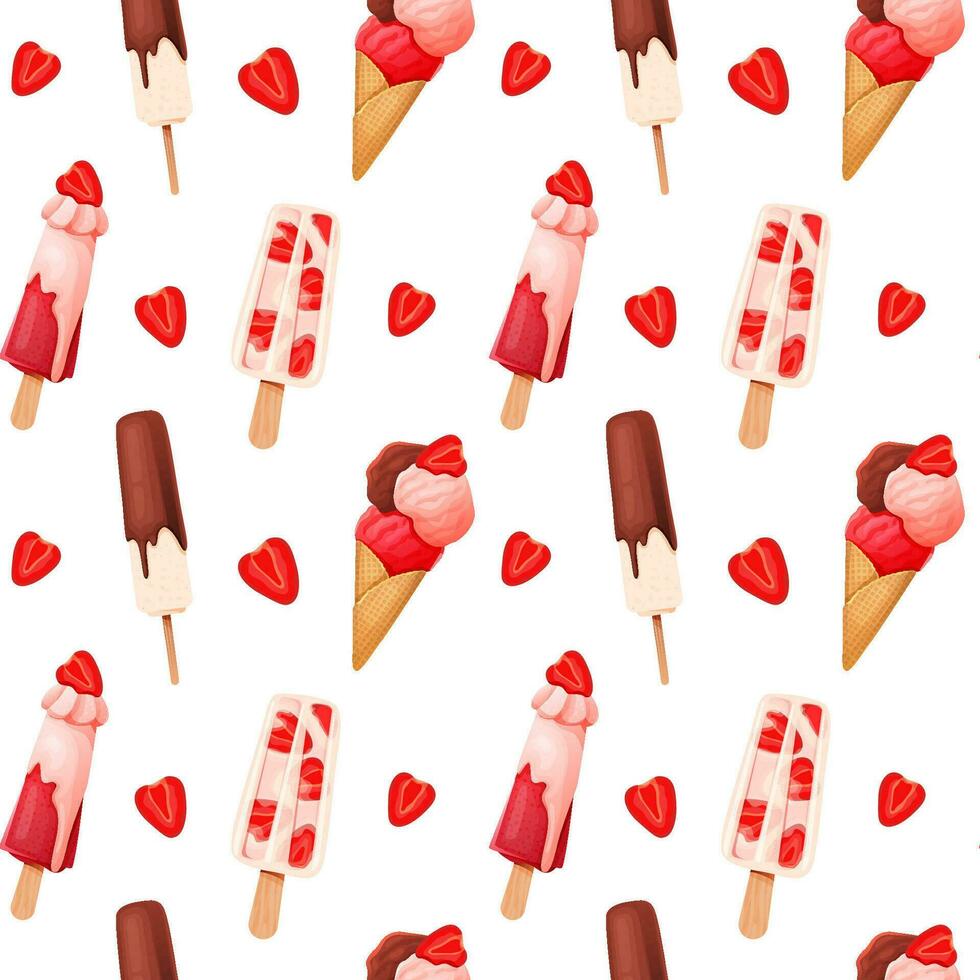 Assorted ice cream with strawberries seamless pattern. vector