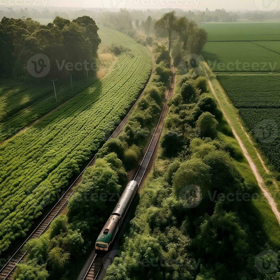 An aerial view of a train passing through a lush countryside generative ai photo