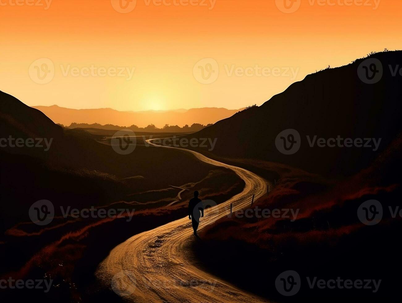 A silhouette of a person walking along a winding road generative ai photo