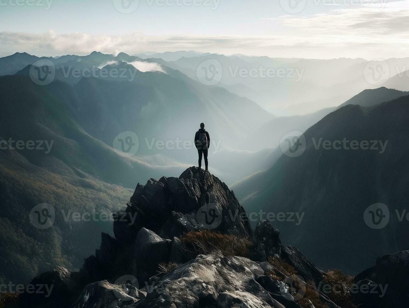 A scenic mountain landscape with a hiker standing on a rocky peak generative ai photo