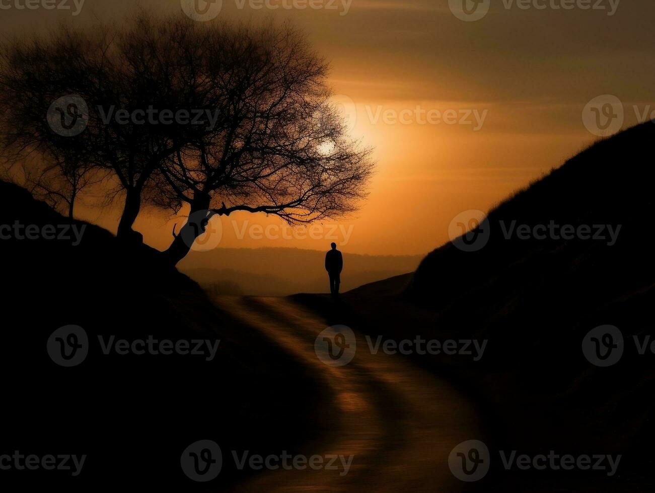 A silhouette of a person walking along a winding road generative ai photo