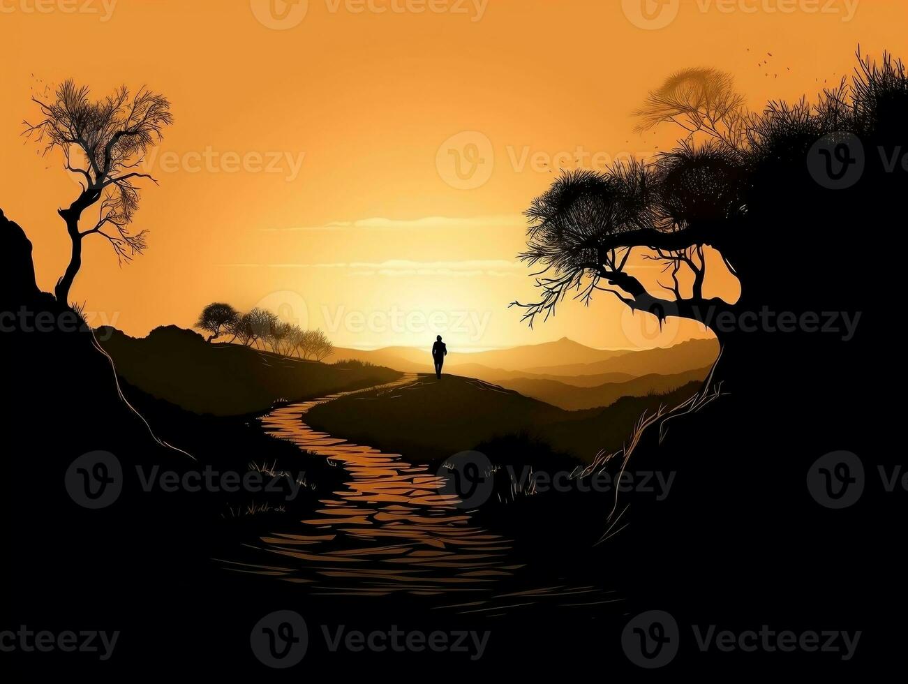 A silhouette of a person walking along a winding road generative ai photo