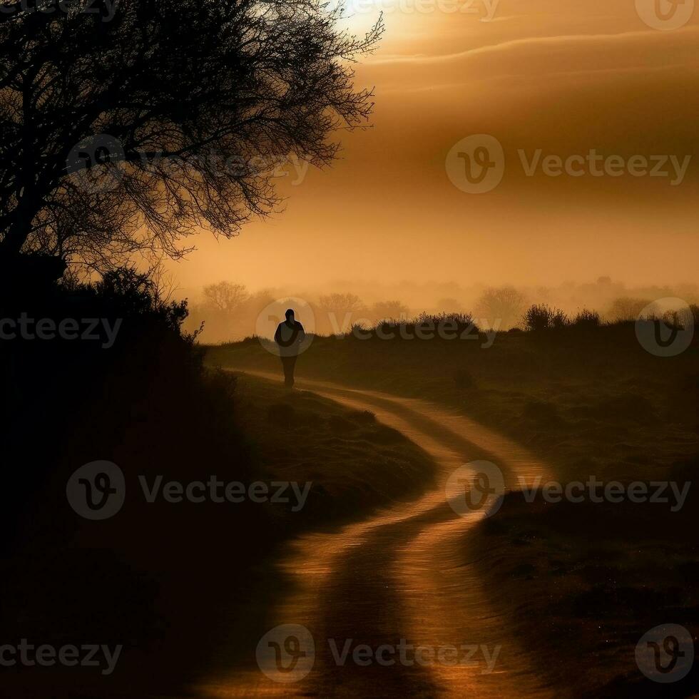 A silhouette of a person walking along a winding road generative ai photo