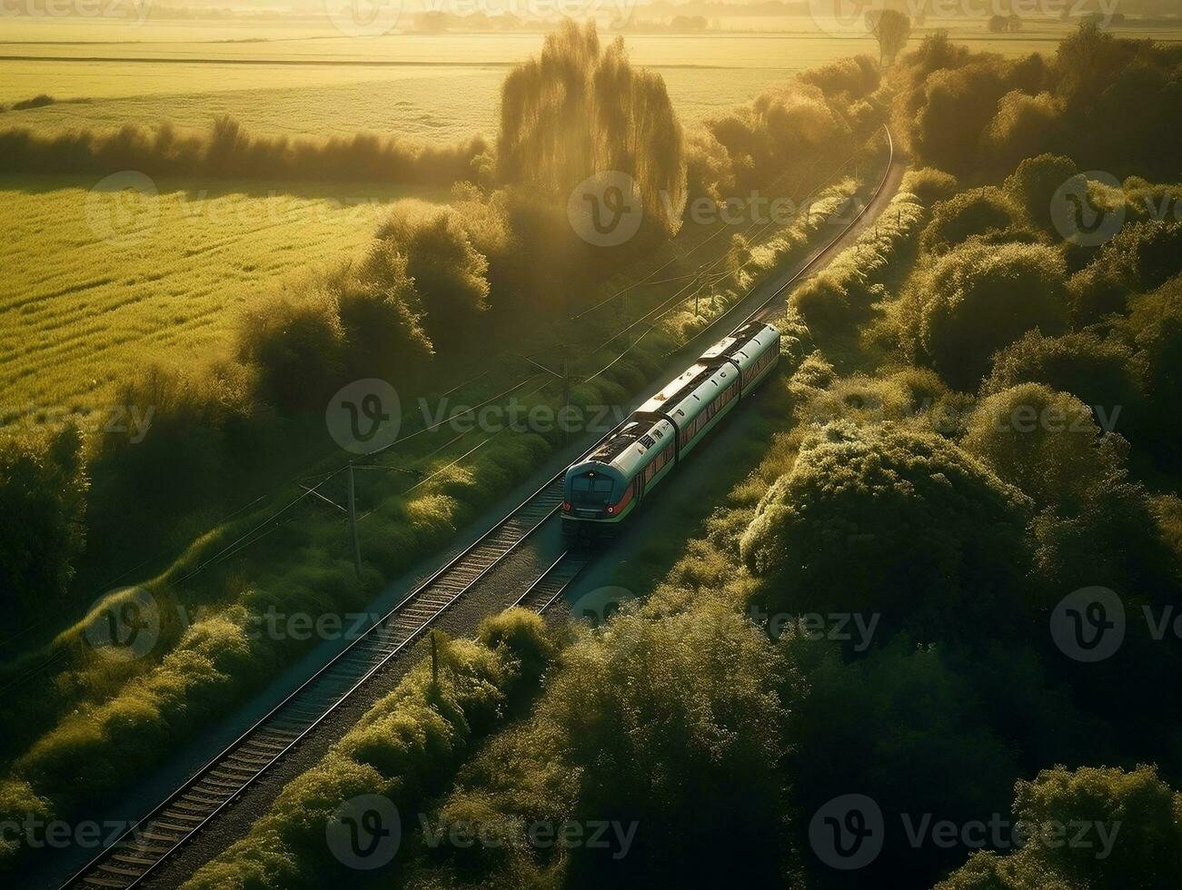 An aerial view of a train passing through a lush countryside generative ai photo