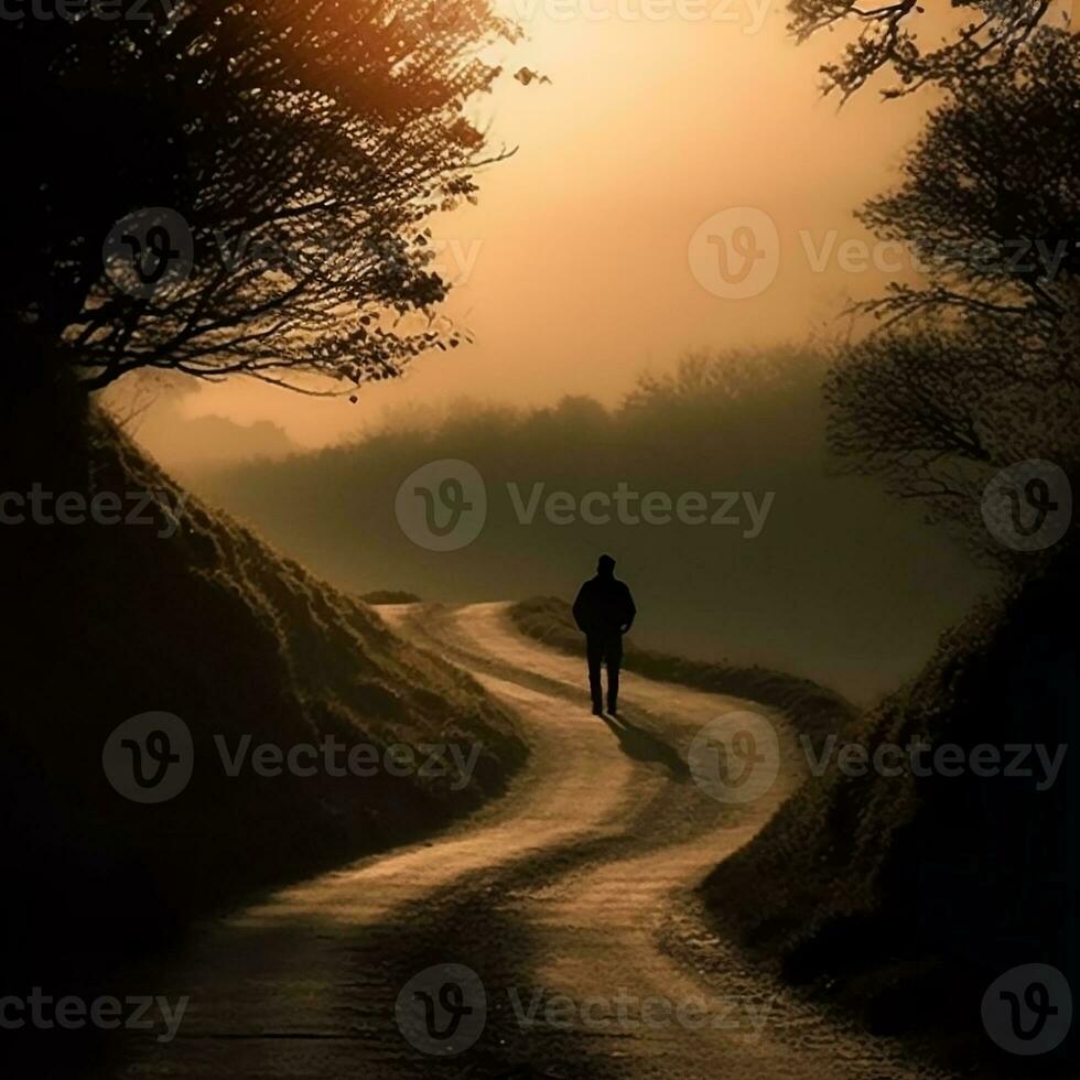 A silhouette of a person walking along a winding road generative ai photo