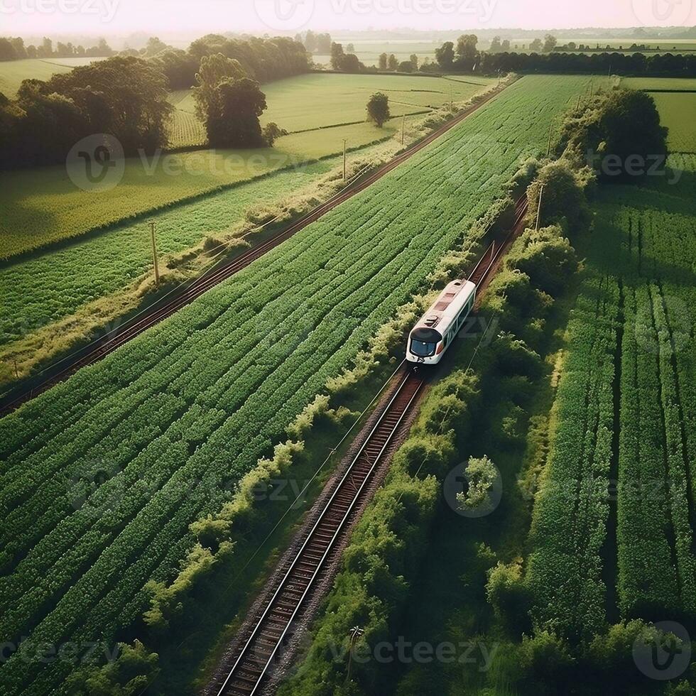 An aerial view of a train passing through a lush countryside generative ai photo