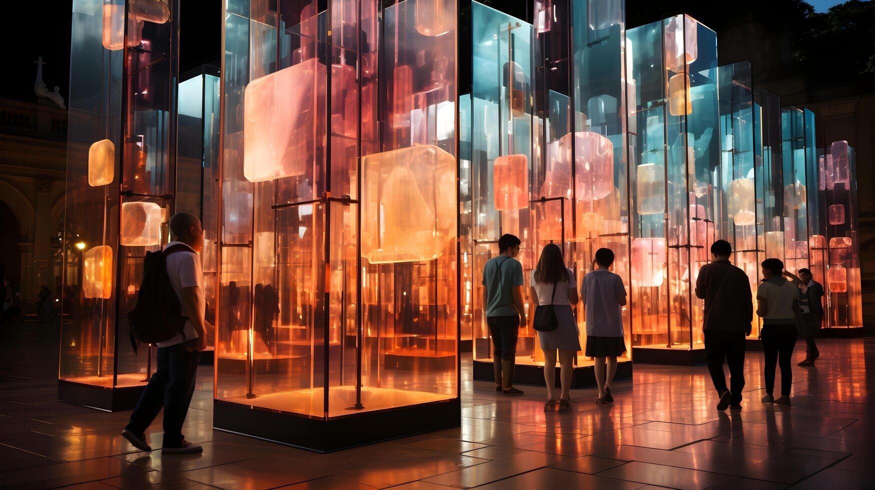people walk through a room with illuminated glass cubes. photo
