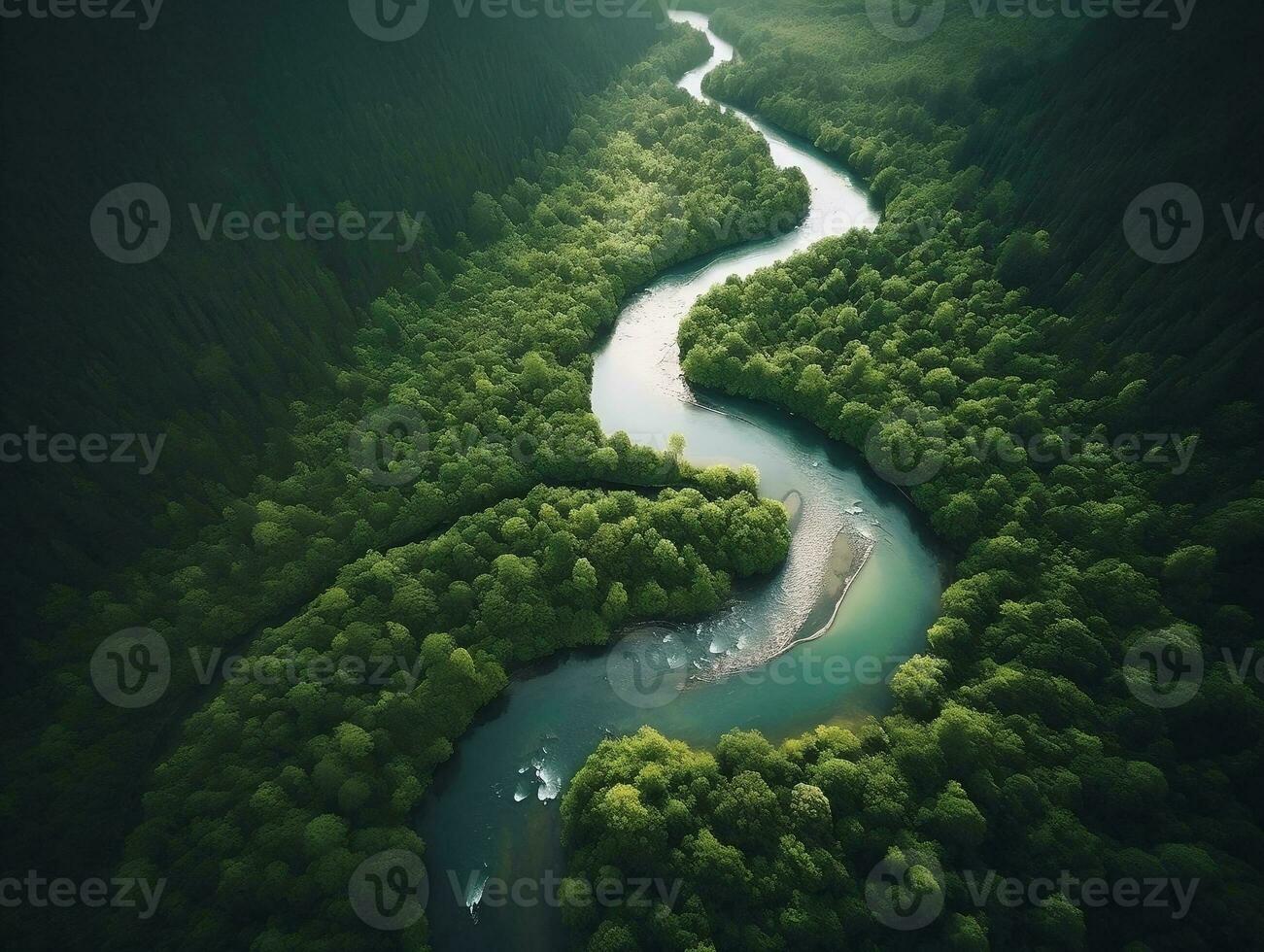 An aerial view of a winding river cutting through a dense forest generative ai photo