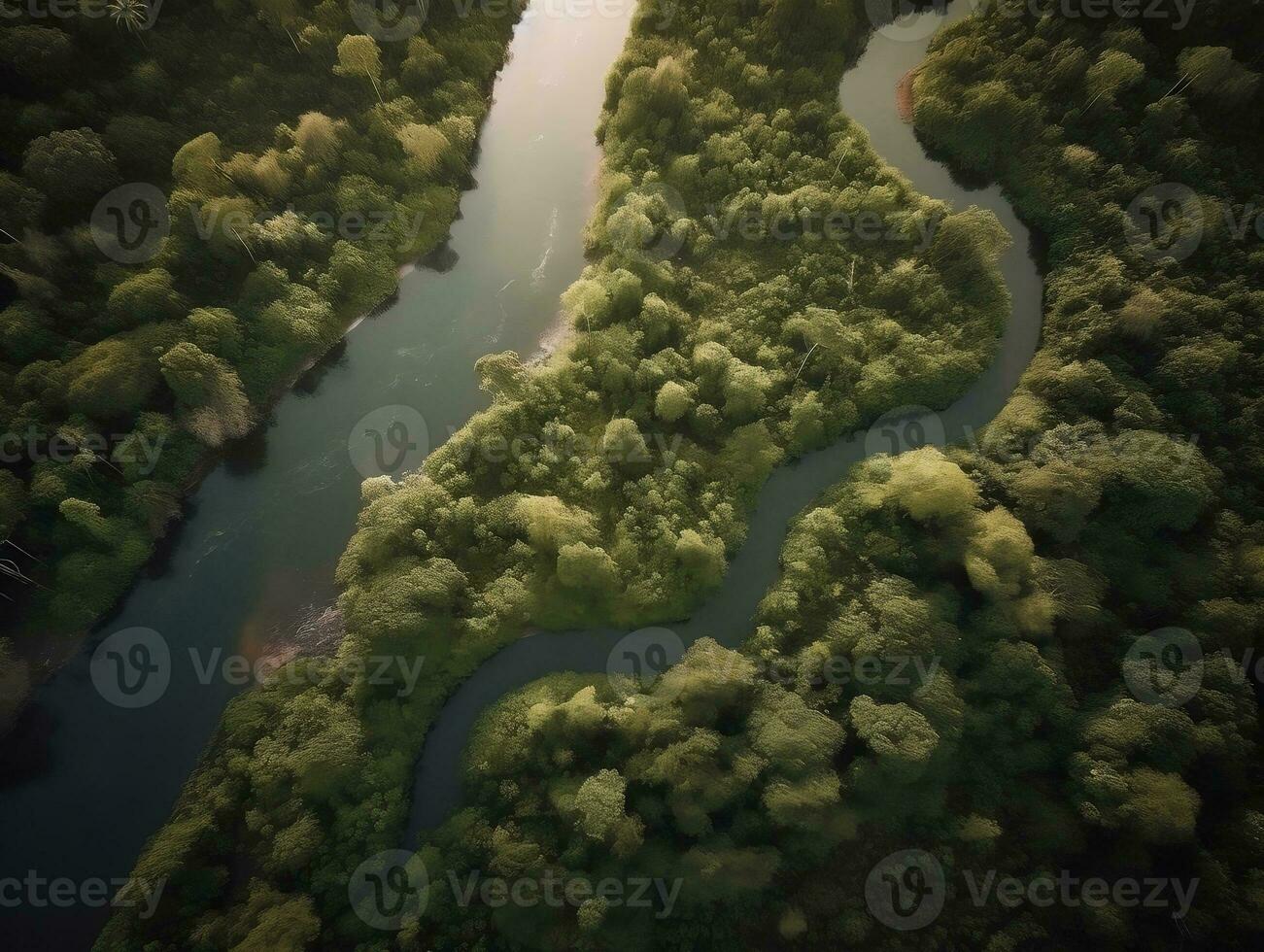 An aerial view of a winding river cutting through a dense forest generative ai photo
