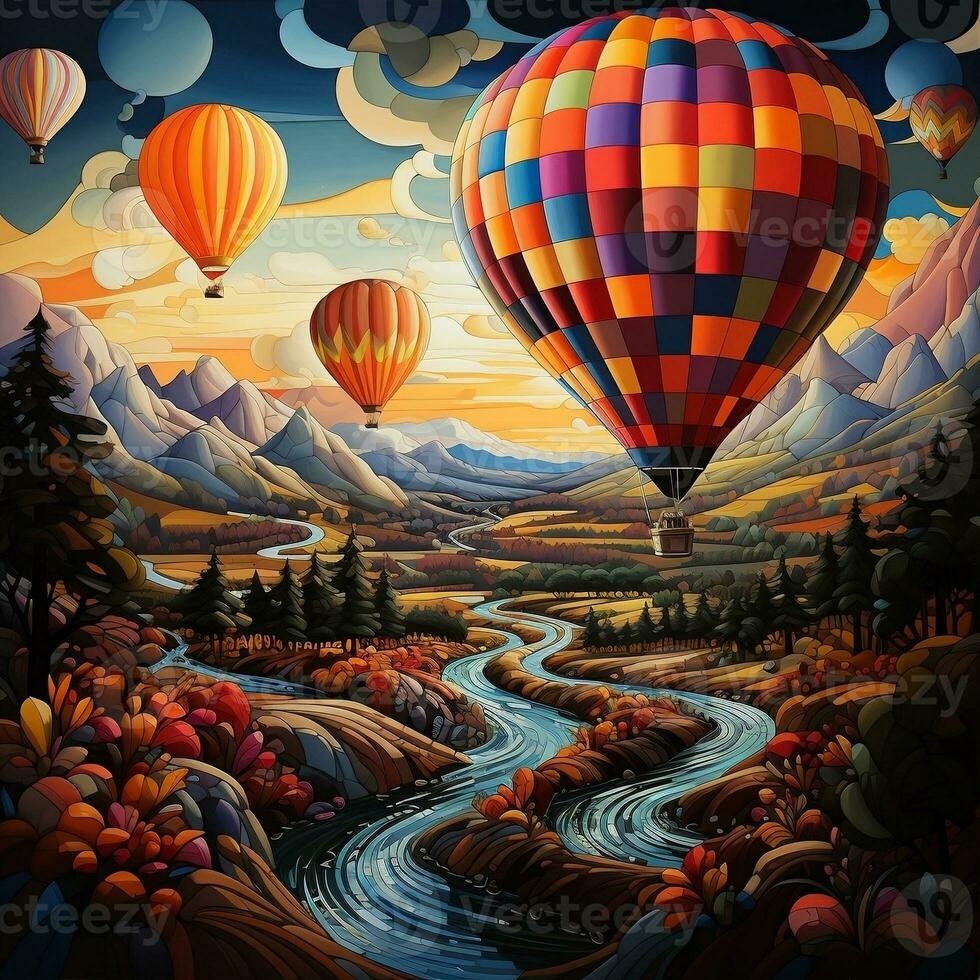 A hot air balloon floating over a patchwork of colorful fields generative ai photo