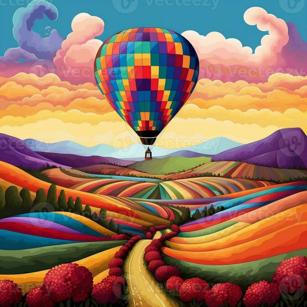 A hot air balloon floating over a patchwork of colorful fields generative ai photo