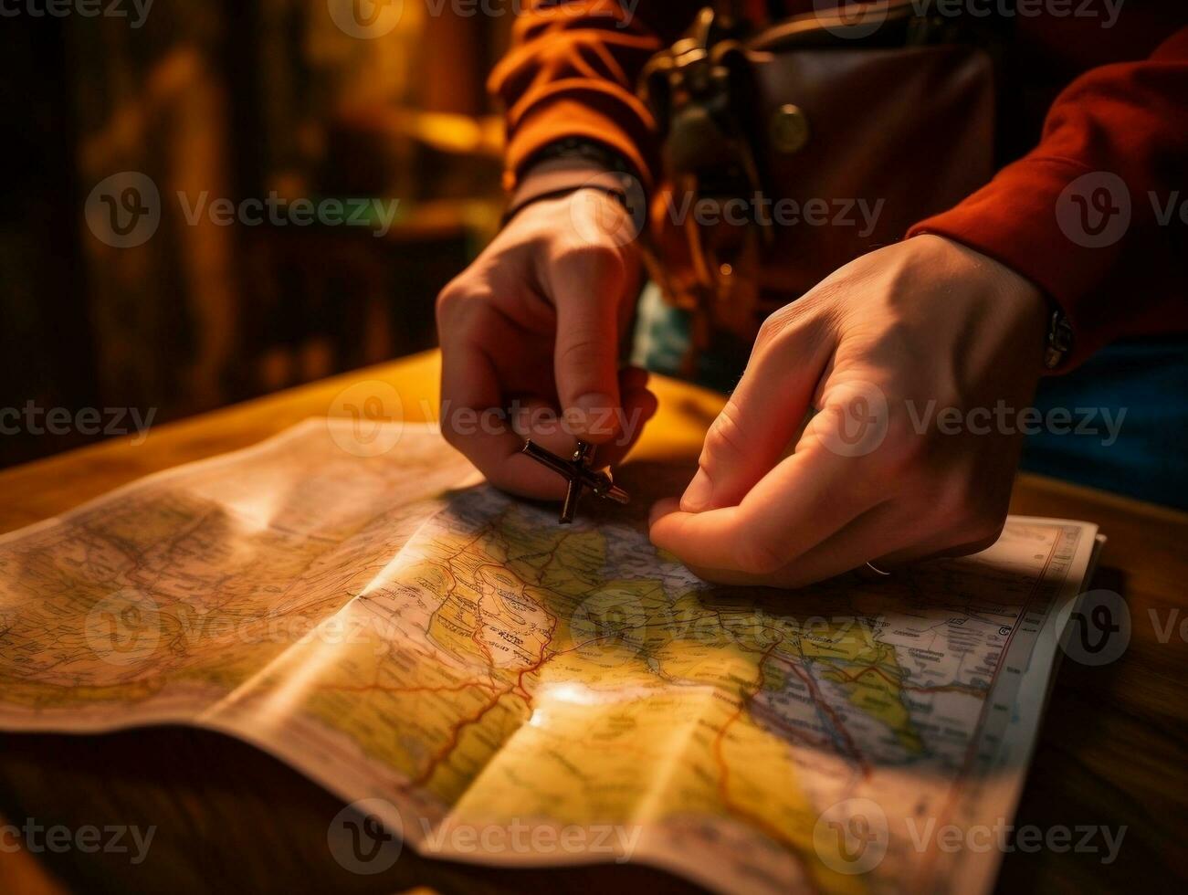 A close-up of a hand holding a map with a highlighted route generative ai photo