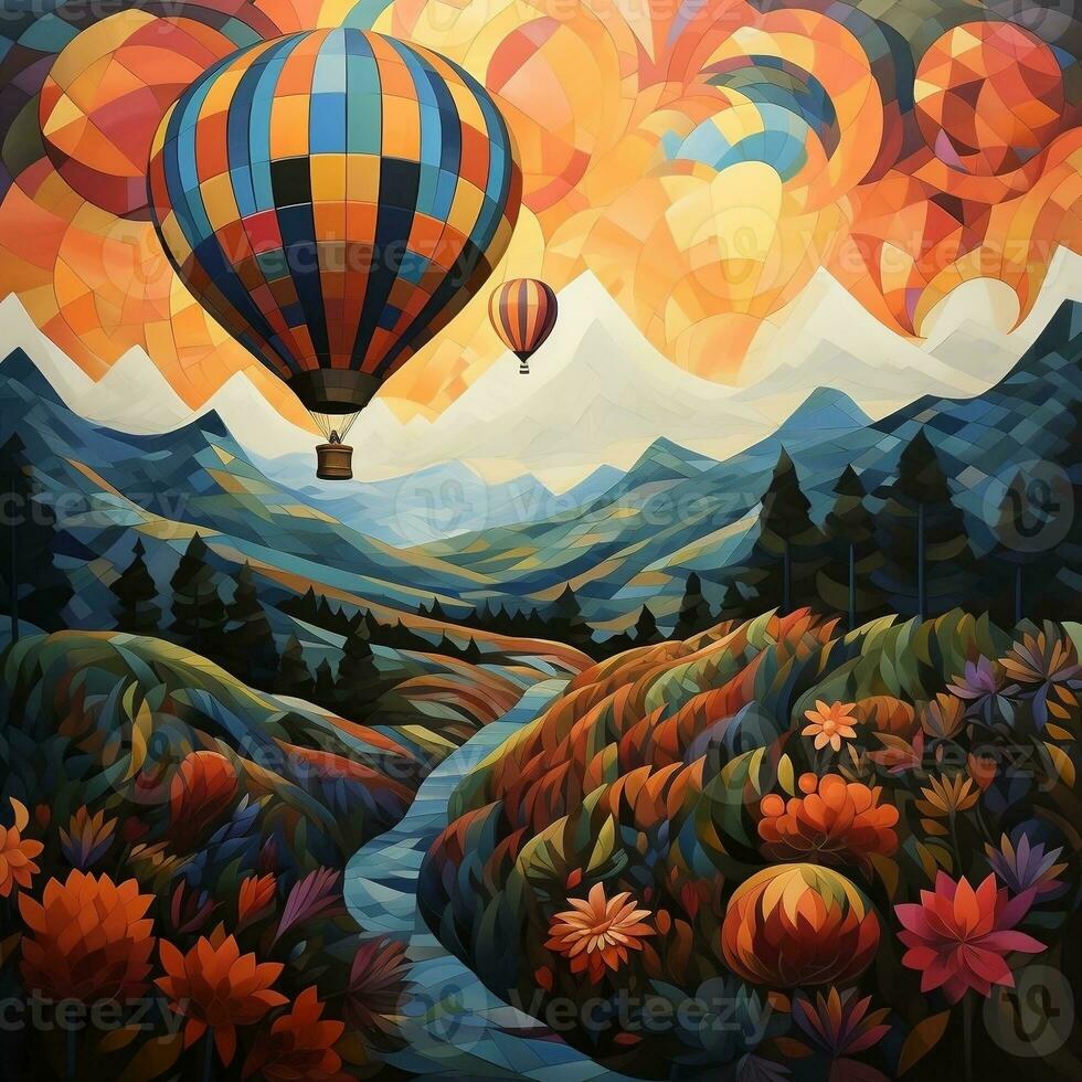 A hot air balloon floating over a patchwork of colorful fields generative ai photo