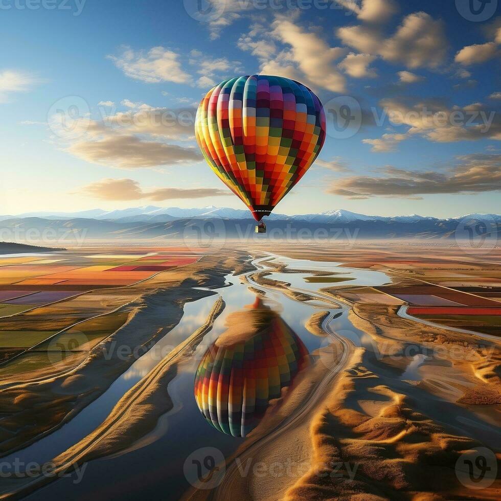 A hot air balloon floating over a patchwork of colorful fields generative ai photo