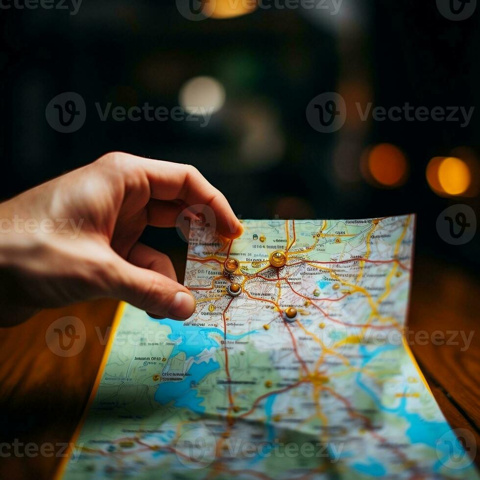 A close-up of a hand holding a map with a highlighted route generative ai photo