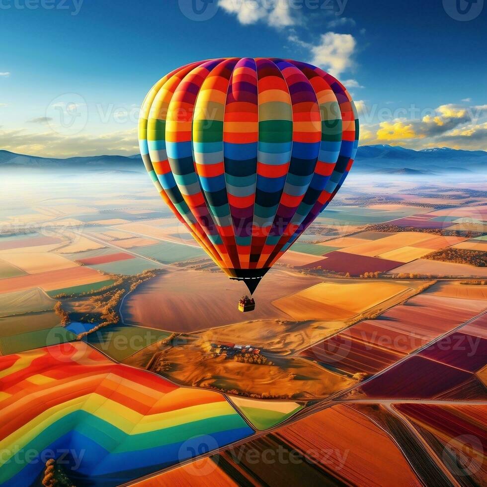 A hot air balloon floating over a patchwork of colorful fields generative ai photo