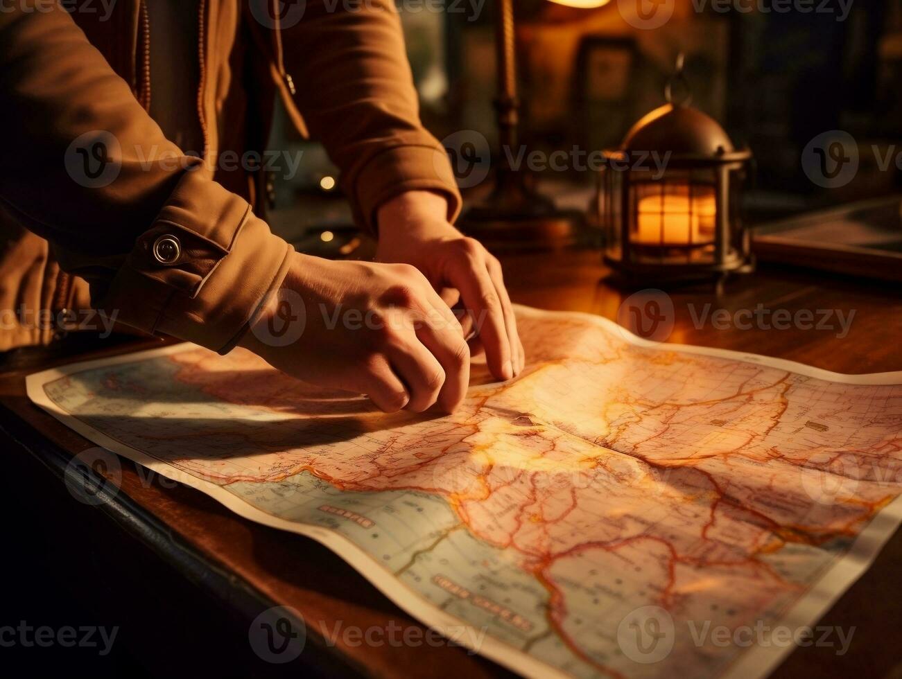 A close-up of a hand holding a map with a highlighted route generative ai photo