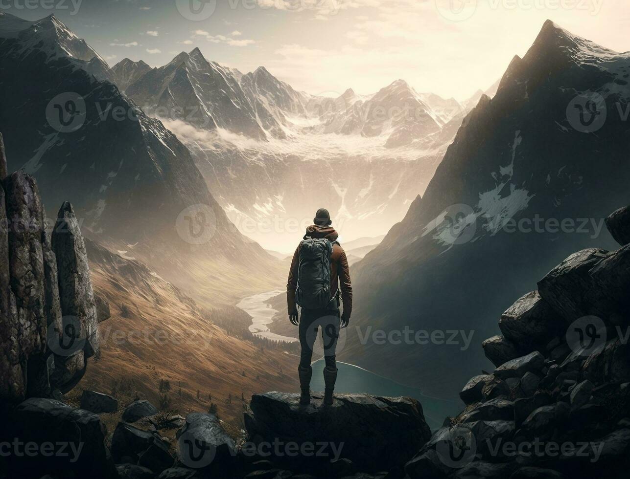 A hiker standing on a rocky ledge, looking out at a vast mountain range generative ai photo