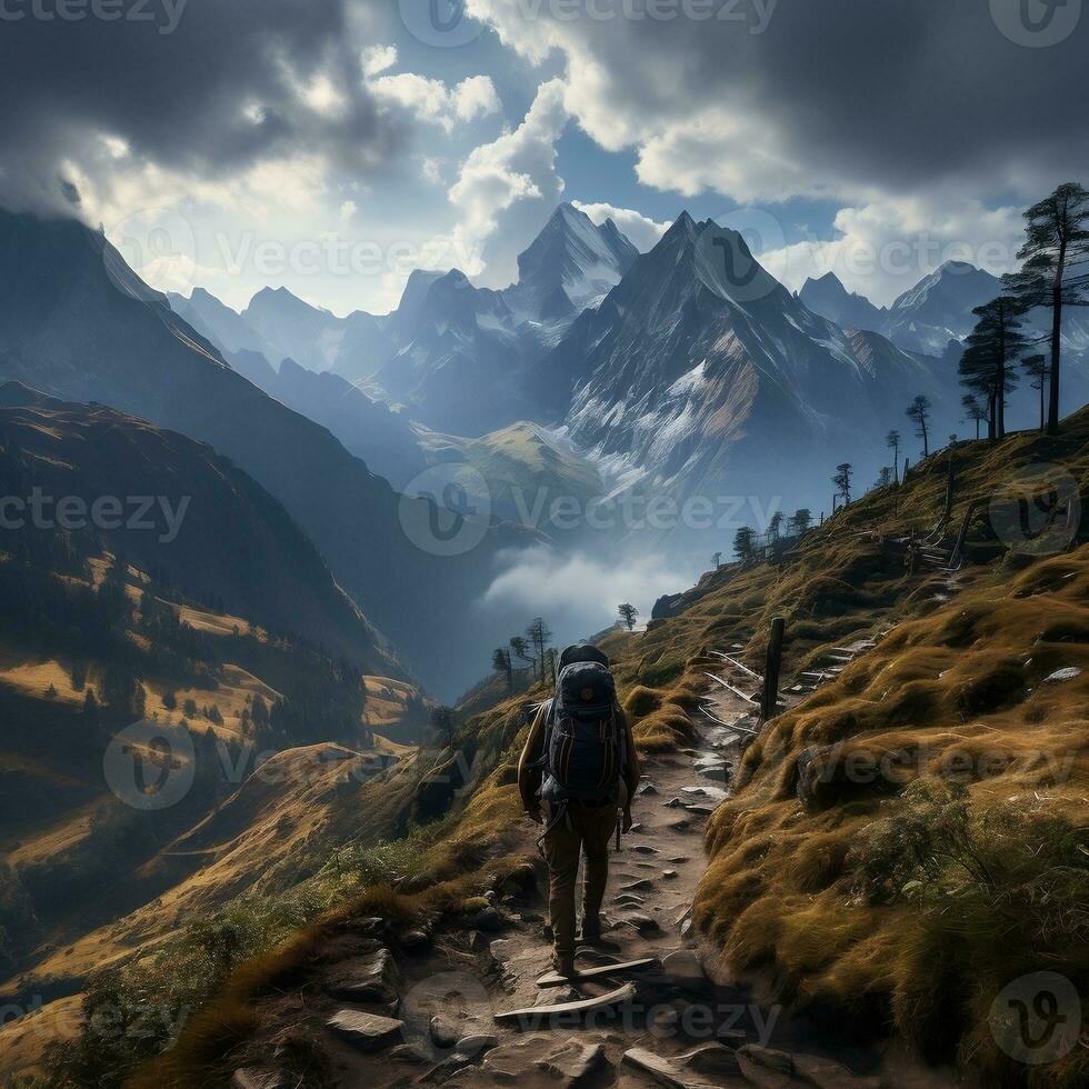 A backpacker ascending a steep mountain trail generative ai photo