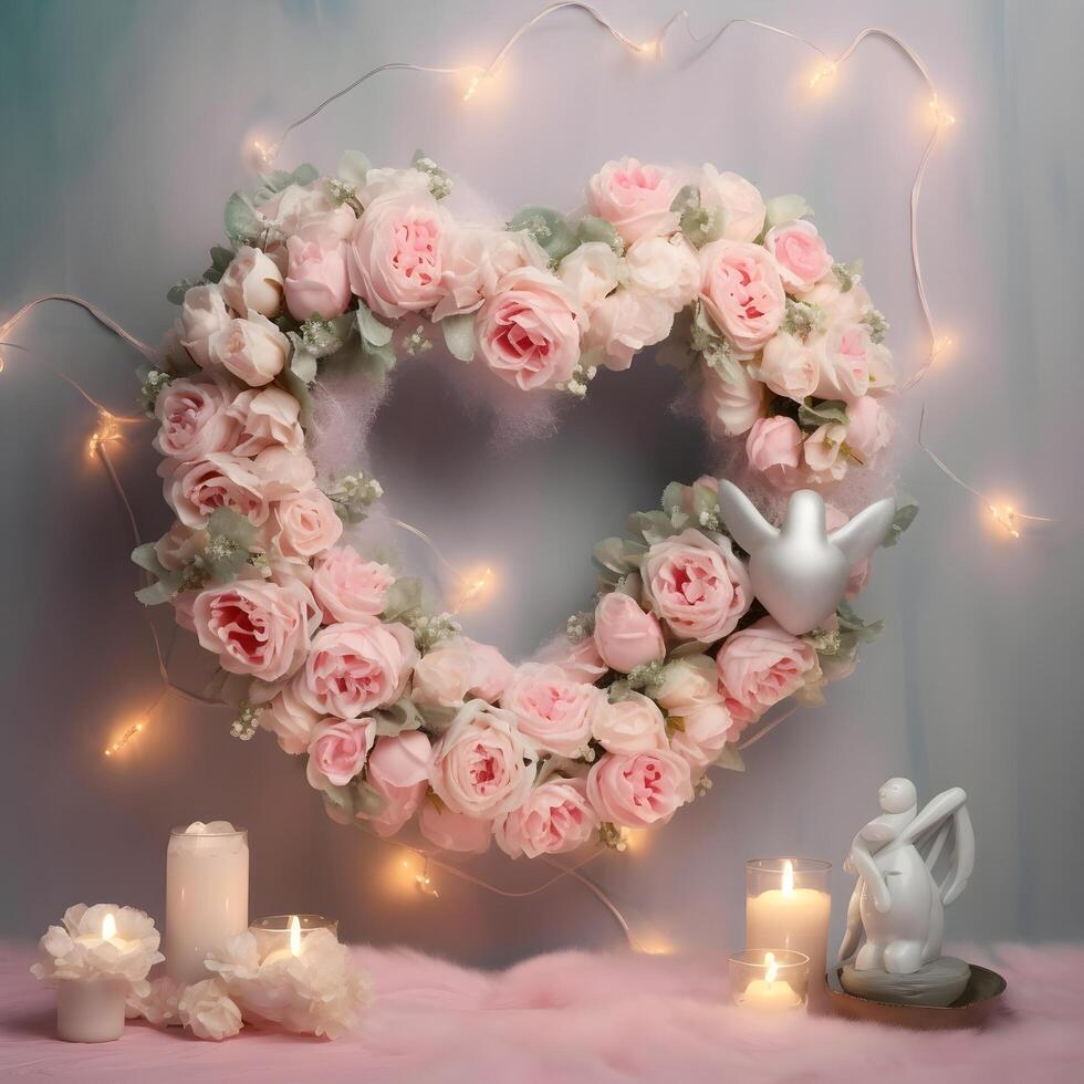 Enchanting Love. Charming 3D Heart-Shaped Wreath for Valentine's Day. AI Generated photo