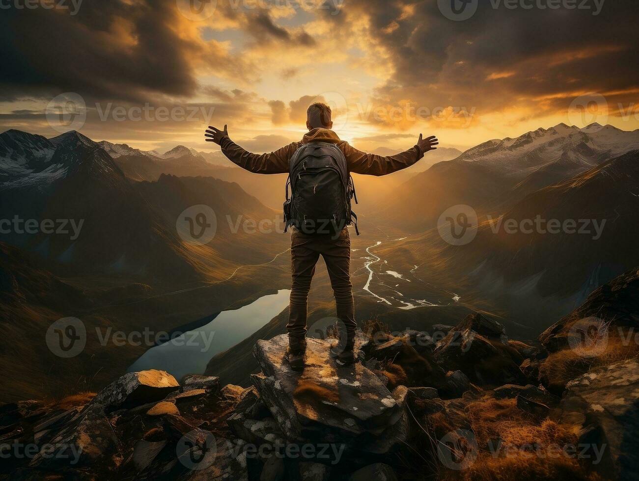 A hiker standing on a mountain peak, with a breathtaking sunset sky as the backdrop generative ai photo