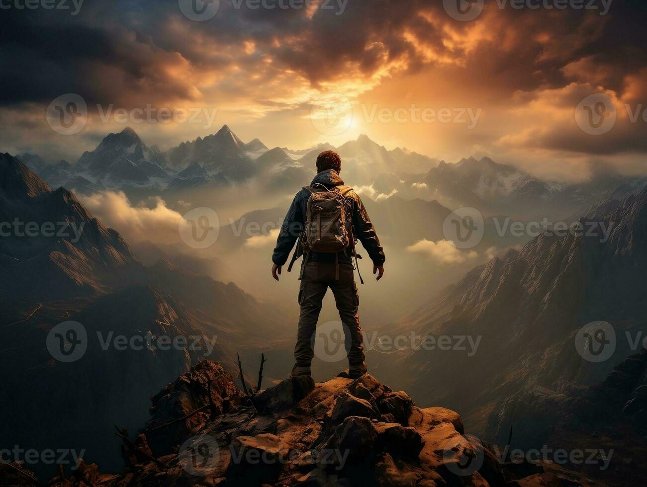 A hiker standing on a mountain peak, with a breathtaking sunset sky as the backdrop generative ai photo
