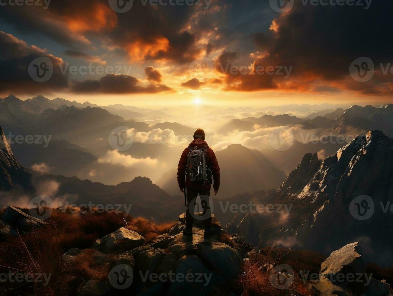 A hiker standing on a mountain peak, with a breathtaking sunset sky as the backdrop generative ai photo