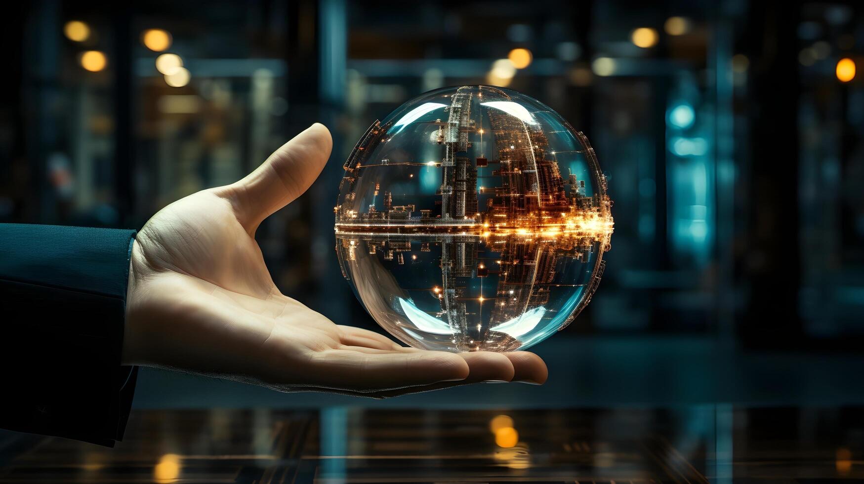 a man holding a glass sphere with a glowing light. photo