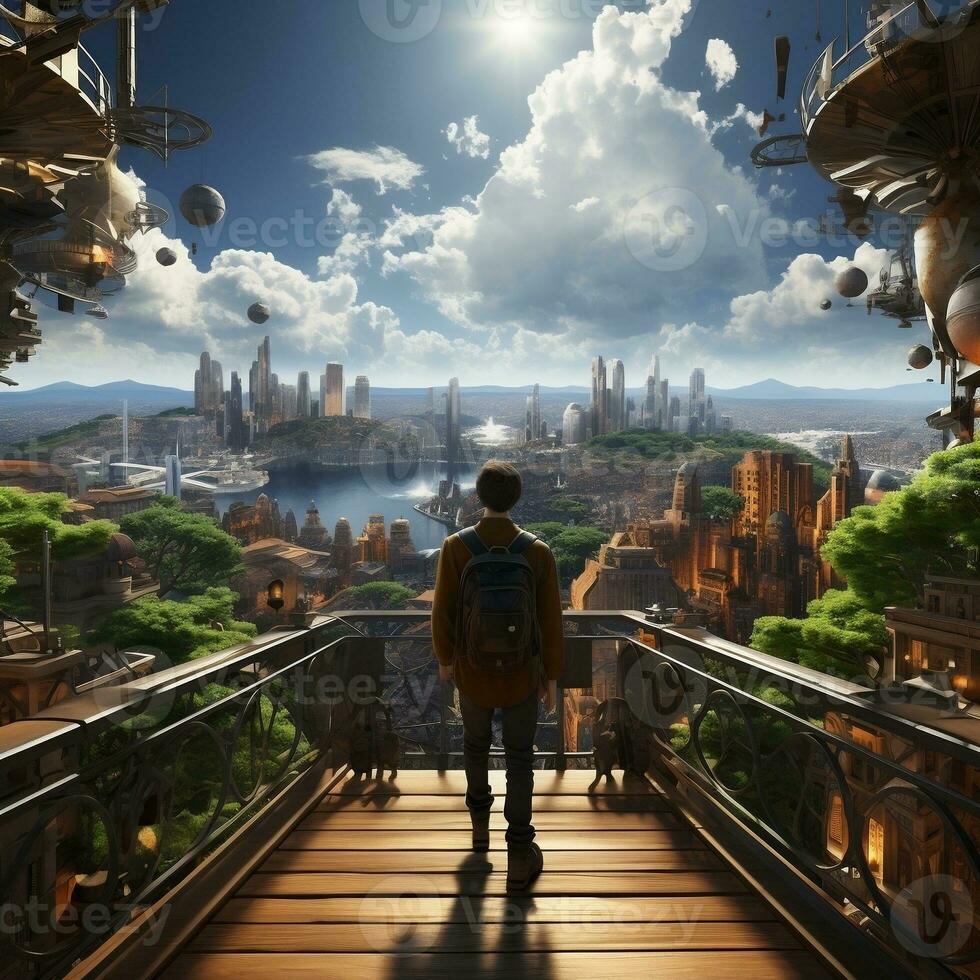 A traveler standing on a bridge overlooking a bustling cityscape generative ai photo