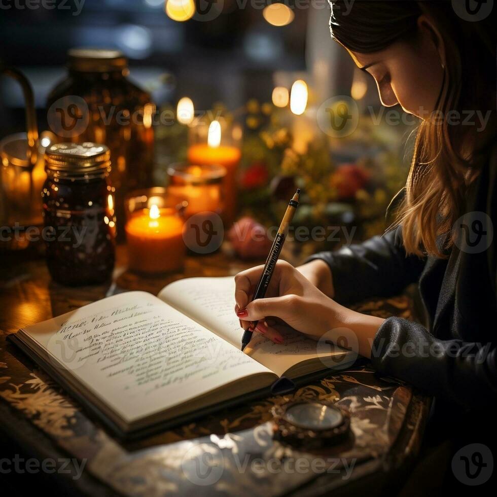 A close-up of a person's hand holding a pen, writing in a travel journal generative ai photo