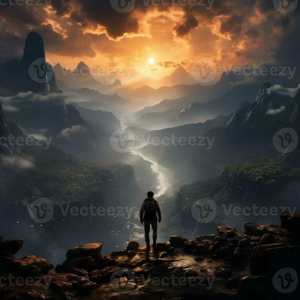 A traveler standing on a cliff edge, overlooking a vast, misty landscape generative ai photo