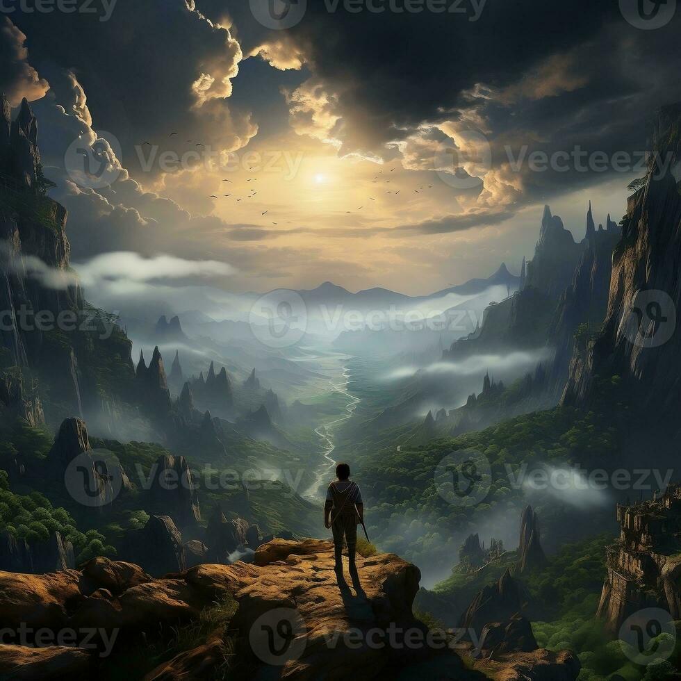 A traveler standing on a cliff edge, overlooking a vast, misty landscape generative ai photo