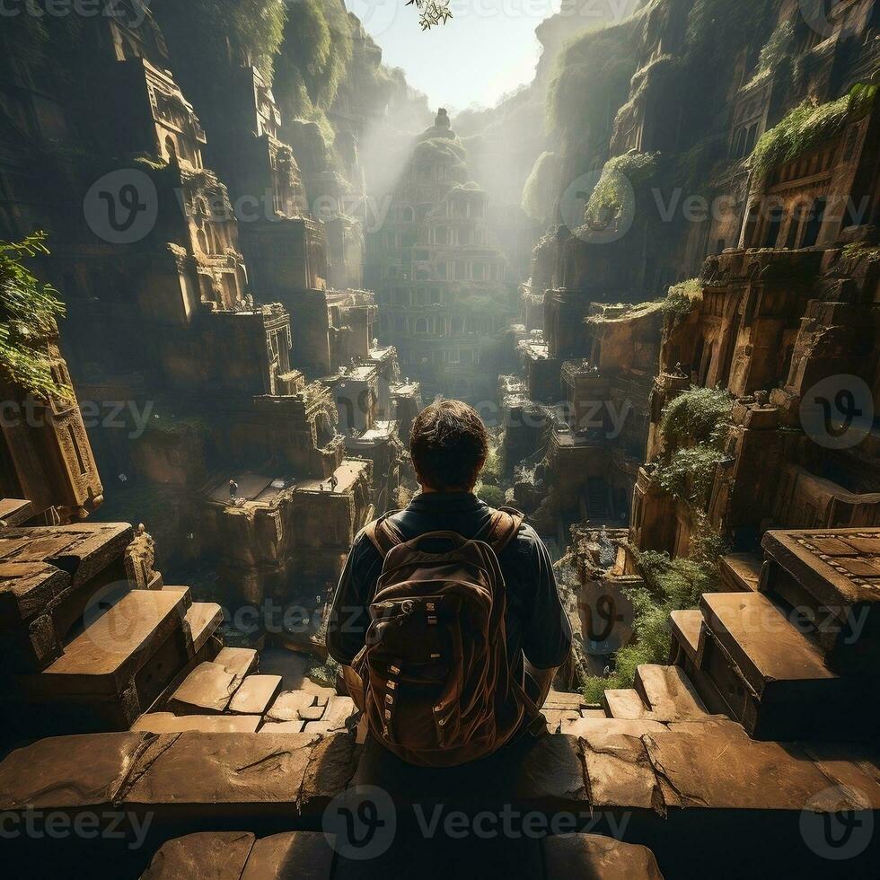A traveler sitting on the steps of an ancient temple, gazing at the historical architecture generative ai photo