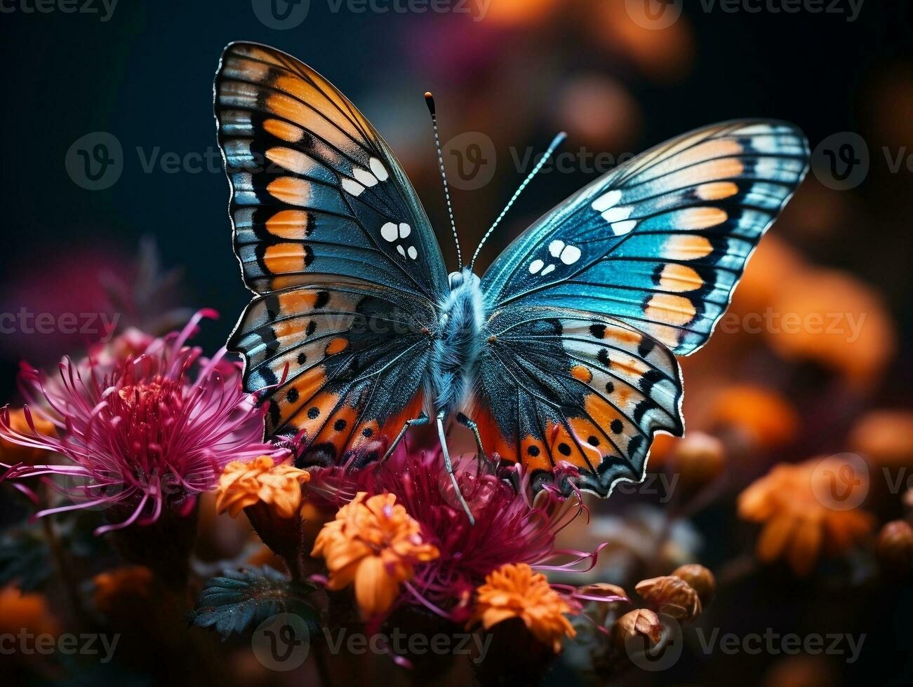 Macro insect photography capturing the delicate beauty of a colorful butterfly perched on a blooming flower generative ai photo