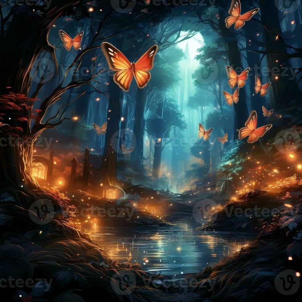 Wall Mural boy fishing on the swamp in tropical forest with glowing  butterflies, digital art style, illustration painting 