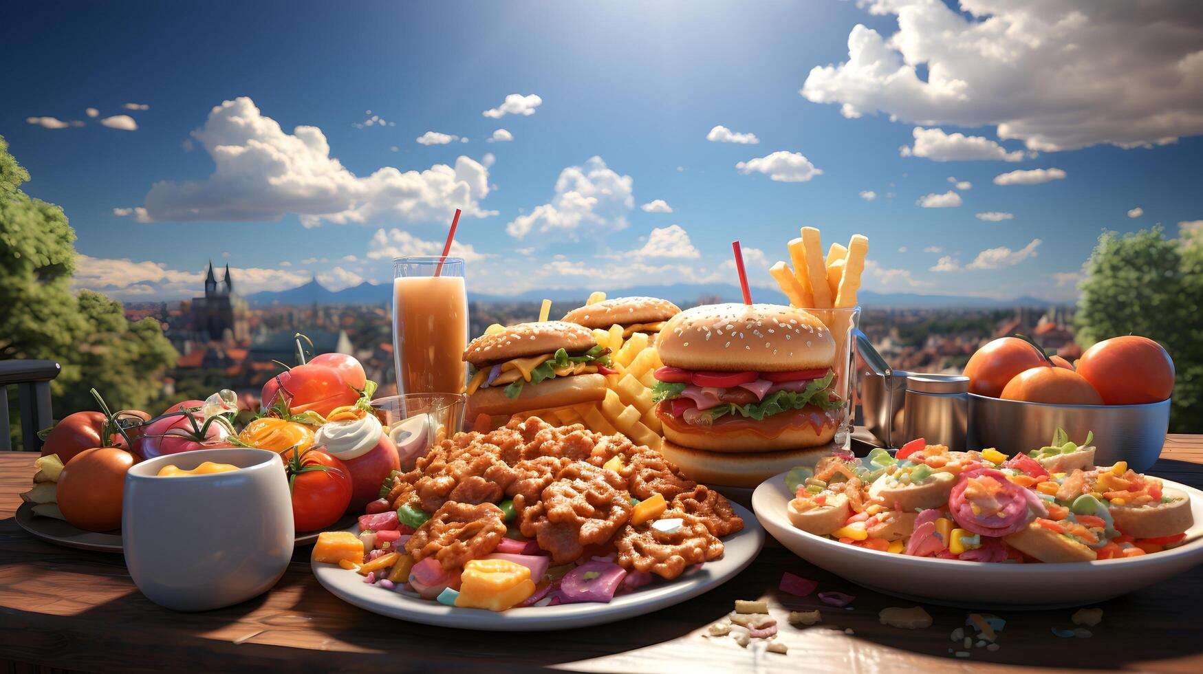 a table full of food and drinks. photo