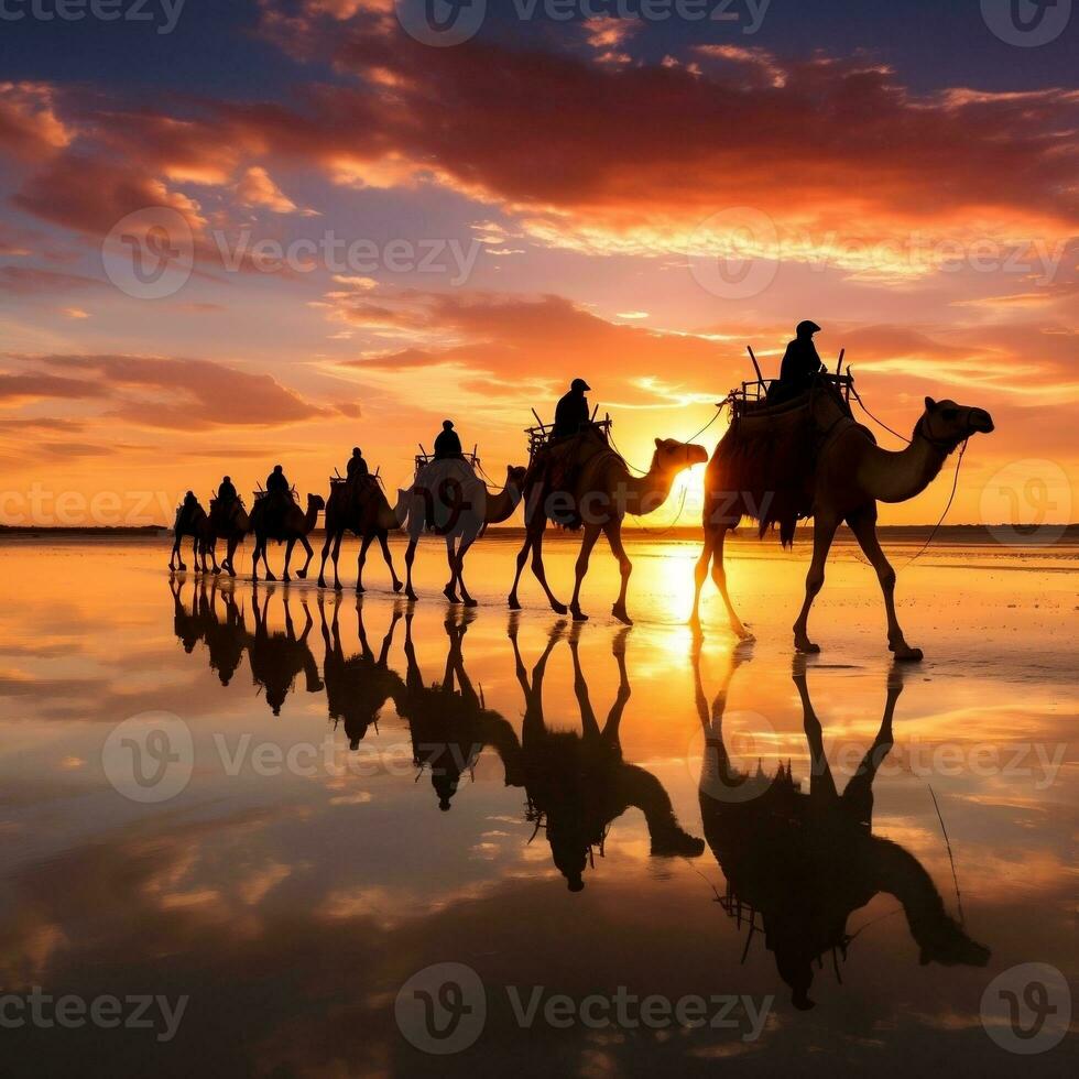 Camels silhouette on the salt lake at sunrise generative ai photo