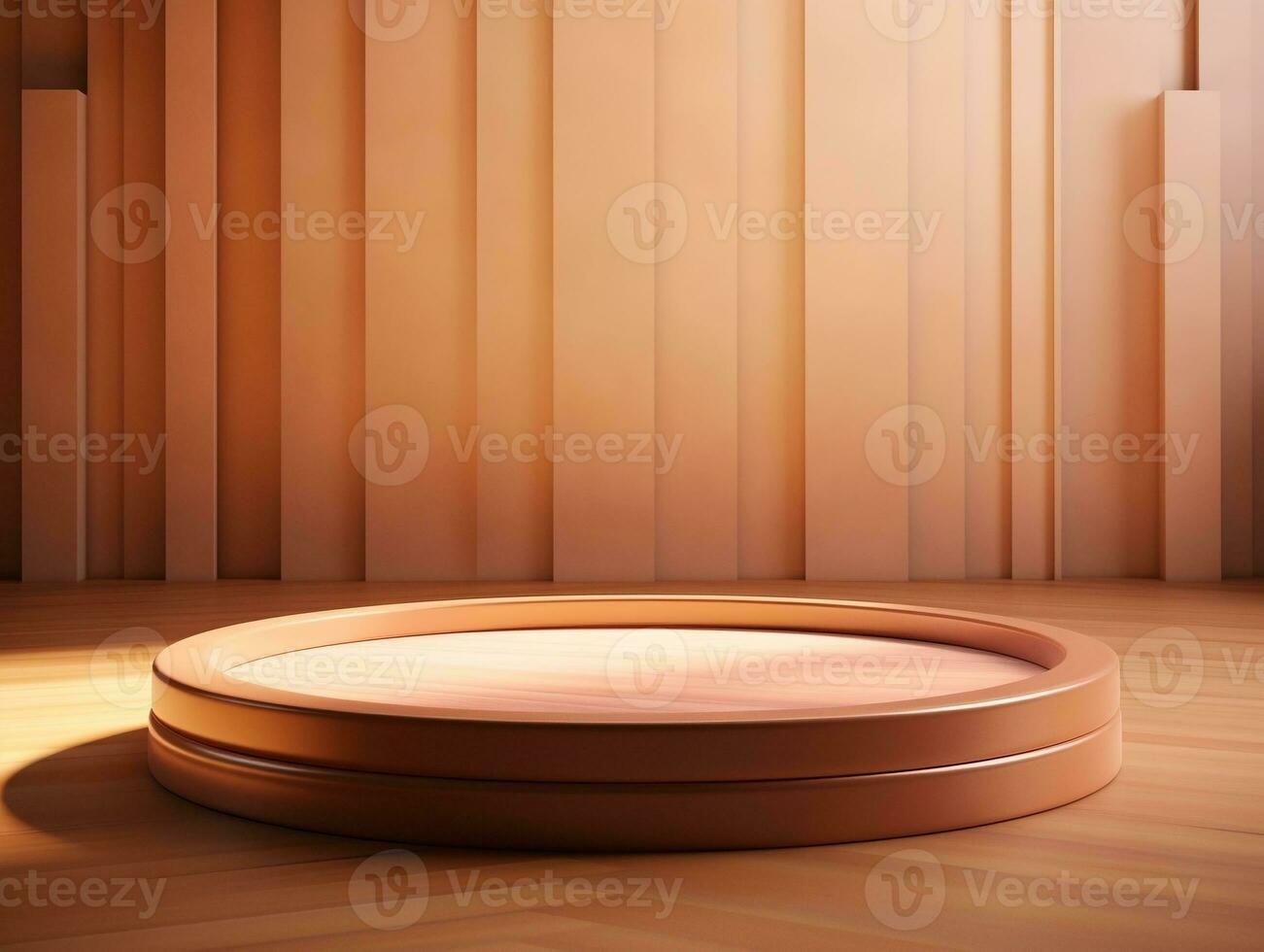 Round wooden podium with beautiful backlighting generative ai photo