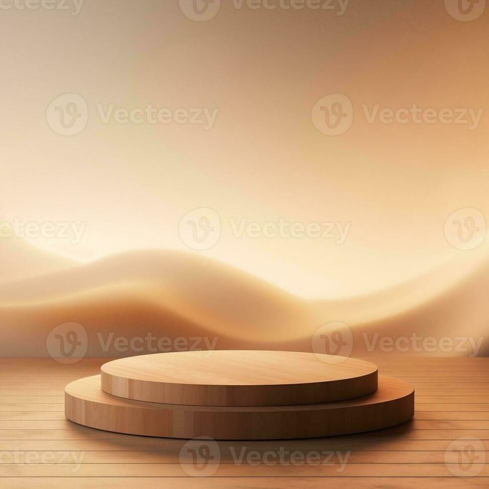 Round wooden podium with beautiful backlighting generative ai photo