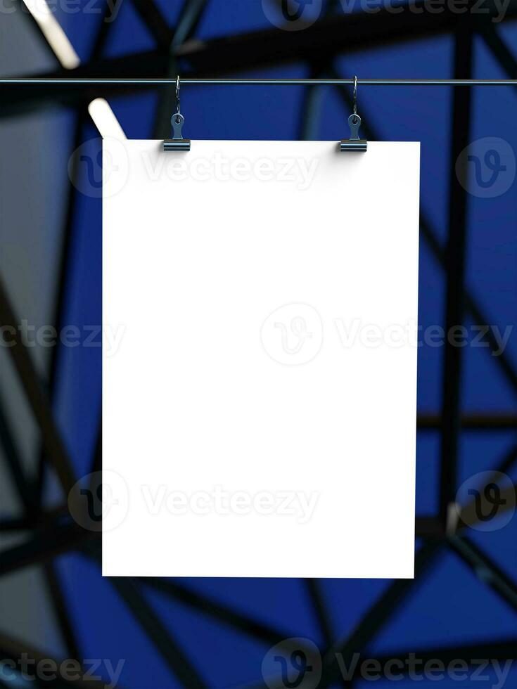 Poster hanging mockup with wire metallic structure photo