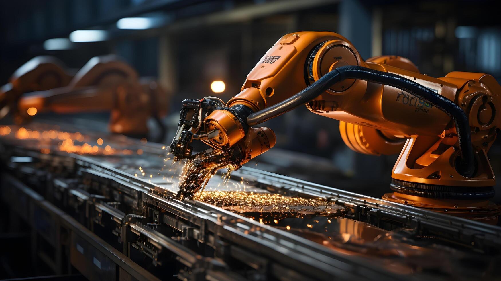 robots trabajando en un transportador cinturón en un industrial fábrica. ai generado foto