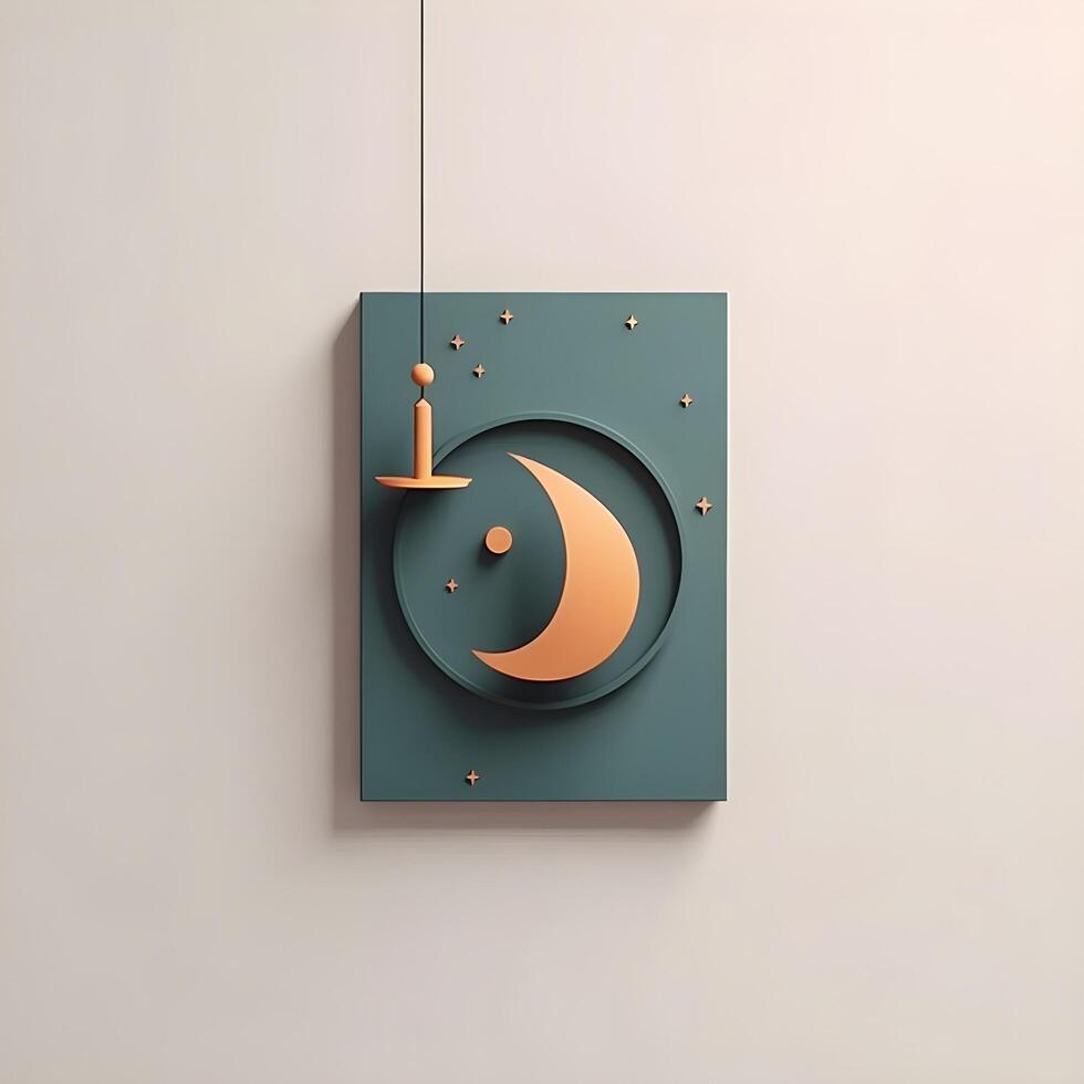 Cute 3D gold crescent, star, podium and little mosque illustration. Eid Mubarak Muslim decoration. photo