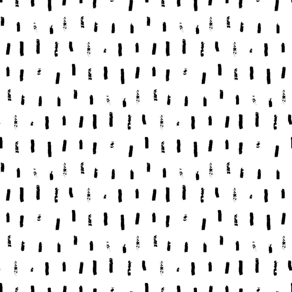 Rough seamless pattern with brush stripes and thin strokes. Black vertical doodle dashes on white background. Hand painted grunge texture. Dry smears and short brushstrokes. Modern vector background