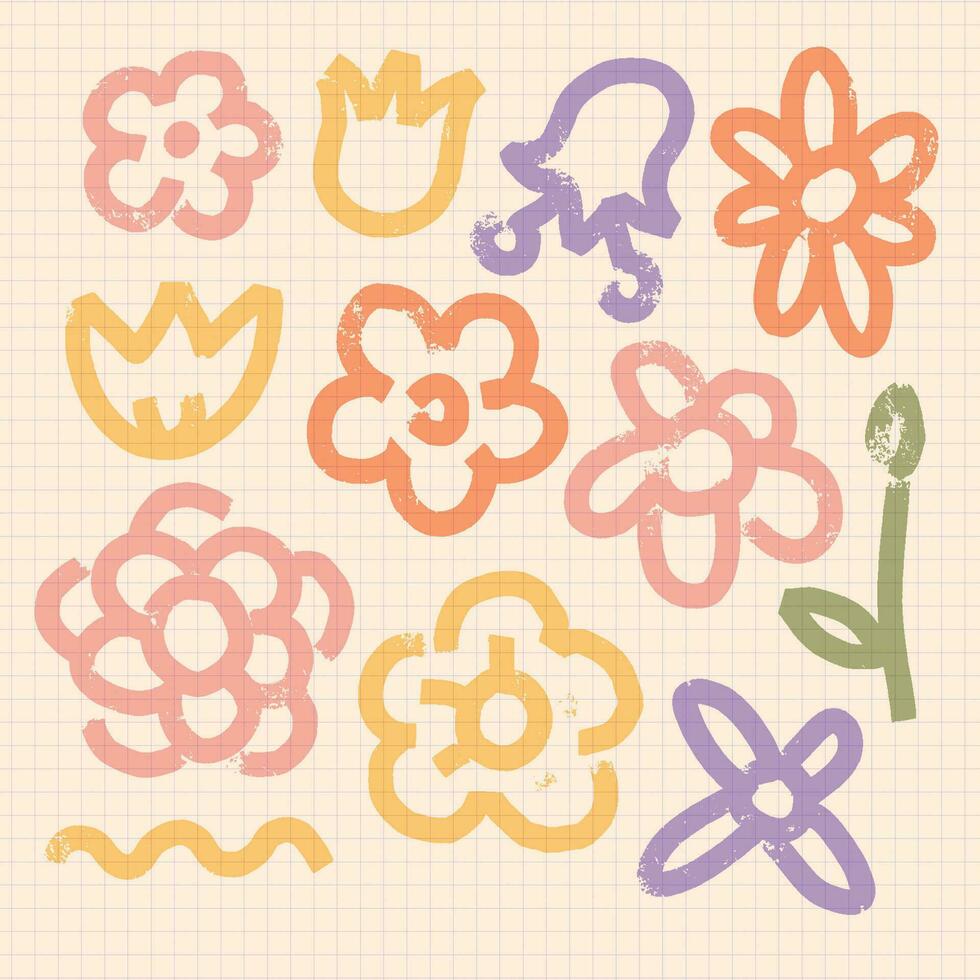 Colorful set of various hand drawn abstract flowers shapes in bold doodle style. Childish cute drawing on a checkered notebook sheet . Modern design elements. Vector crayon texture.
