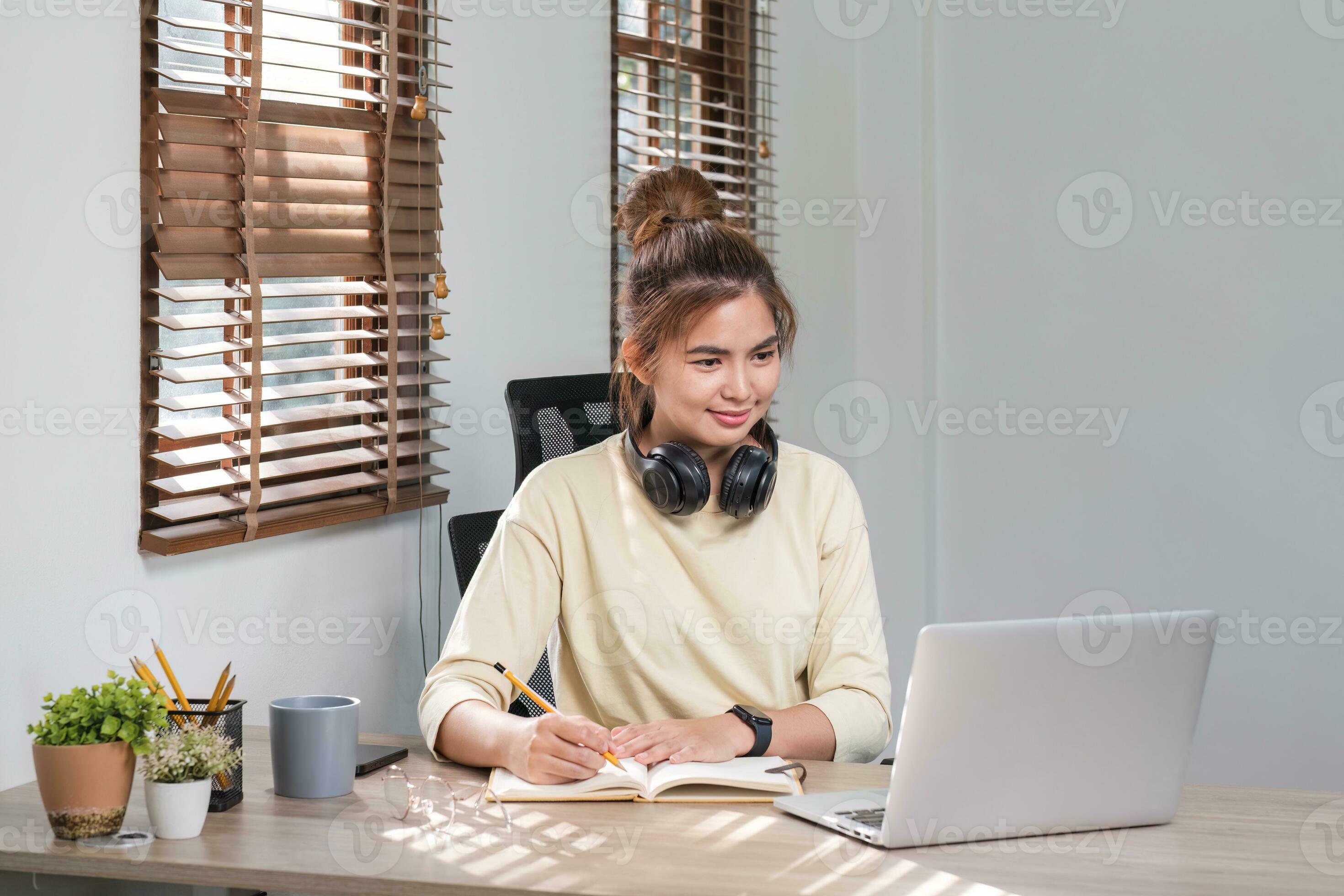 Asian girl student online learning class study online video call zoom