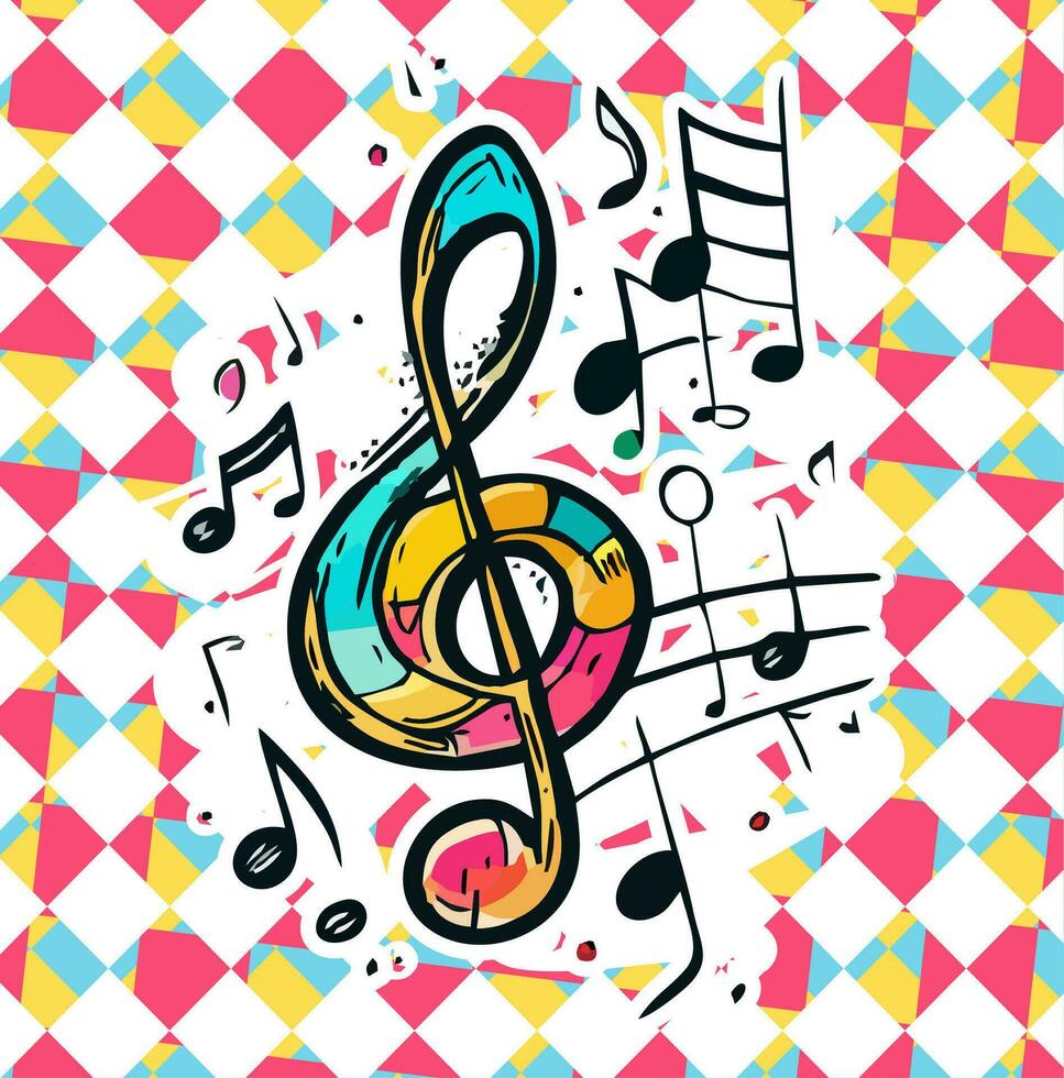 A colorful drawing of a treble clef with the word music on it vector